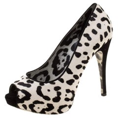 Dolce & Gabbana White Leopard Print Calfhair Peep Toe Platform Pumps Size 35.5