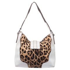 Dolce & Gabbana White Leopard Print Canvas and Leather D Ring Flap Hobo