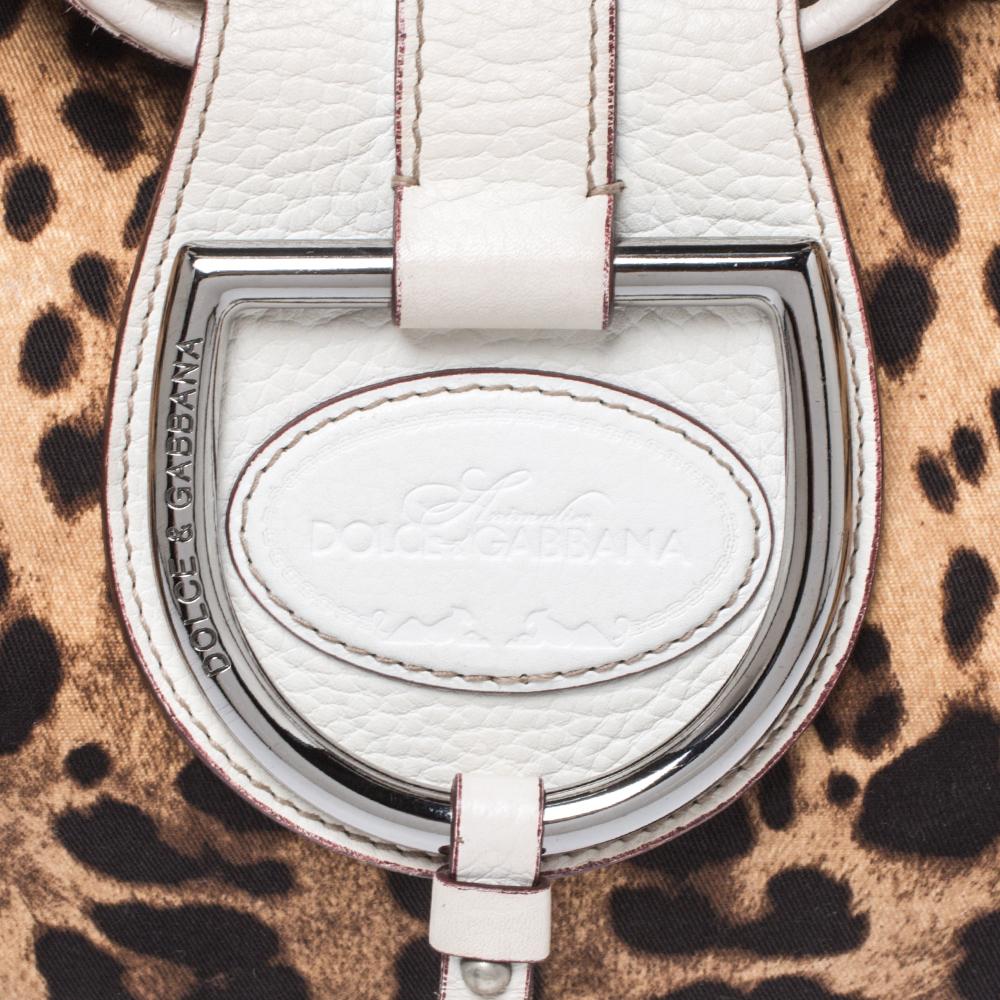Dolce & Gabbana White Leopard Print Canvas and Leather D Ring Flap Hobo In Fair Condition In Dubai, Al Qouz 2