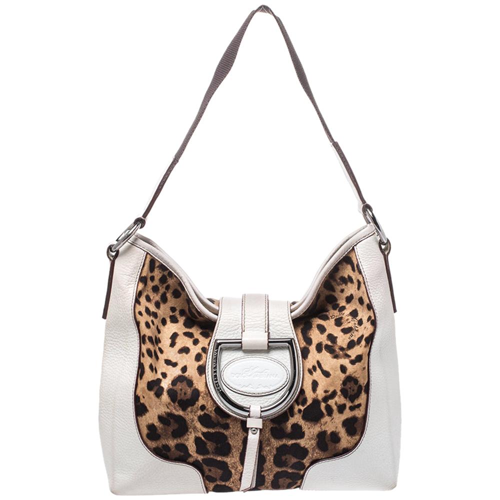 Dolce & Gabbana White Leopard Print Canvas and Leather D Ring Flap Hobo