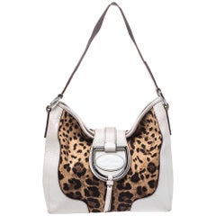 Dolce & Gabbana White Leopard Print Canvas and Leather D Ring Flap Hobo