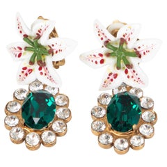 Dolce & Gabbana white LILLY &  green CRYSTAL Drop Clip on Earrings