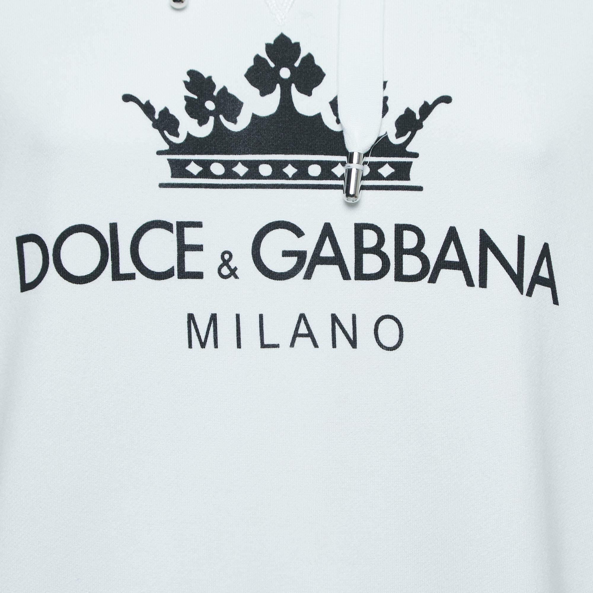 Dolce & Gabbana White Logo Print Cotton Hooded Sweatshirt S In Good Condition In Dubai, Al Qouz 2