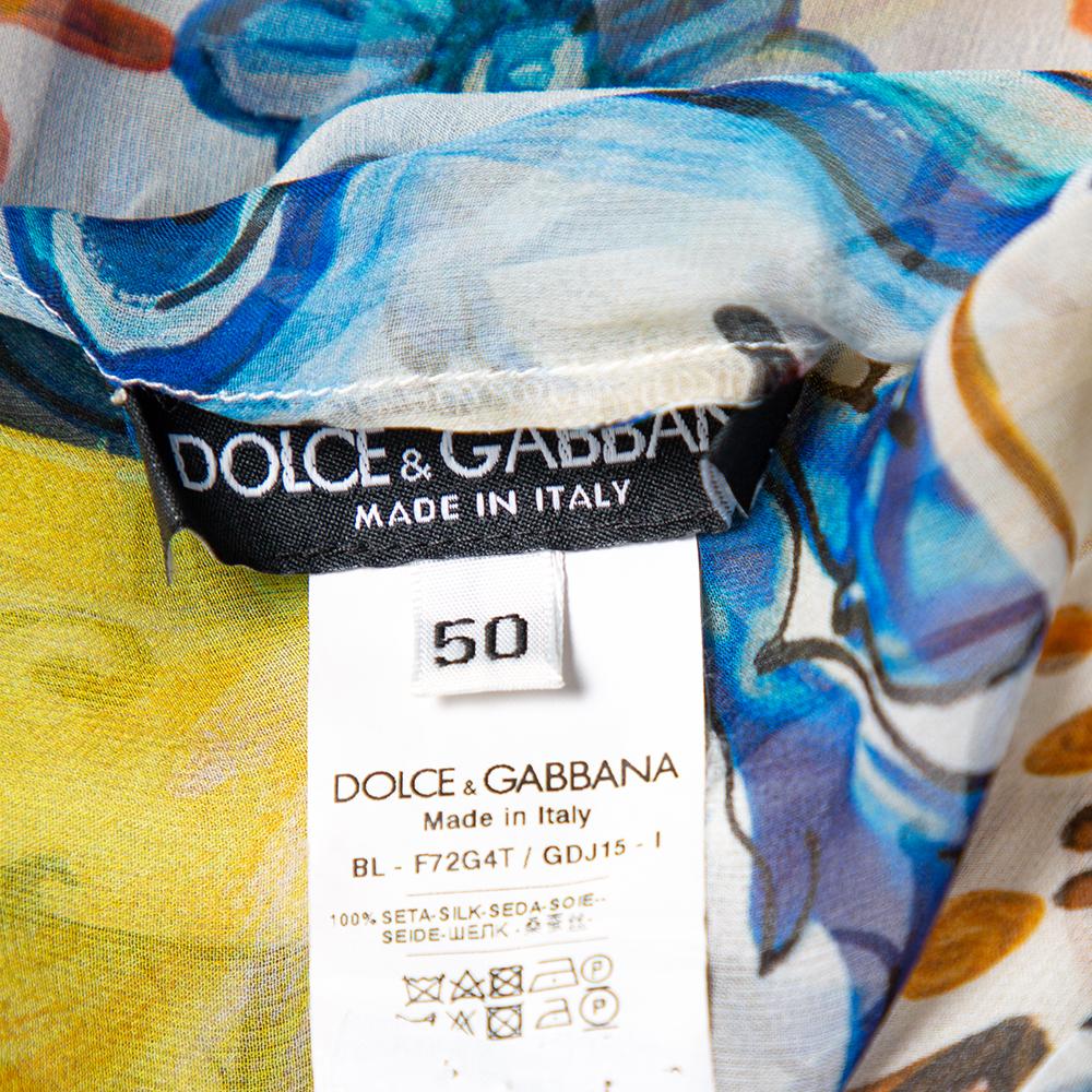 Dolce & Gabbana Weißes Majolika bedrucktes Seidenkrawattenoberteil mit Krawattendetail XL Damen