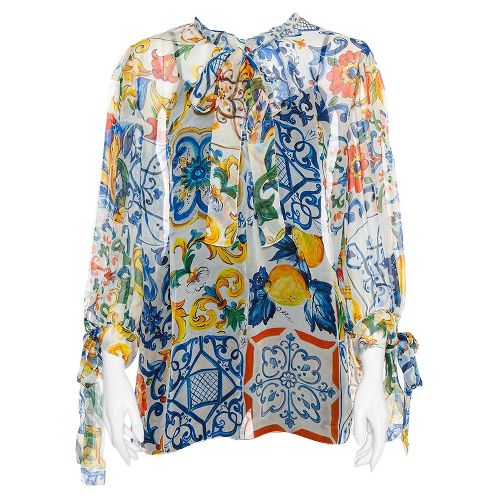 Dolce and Gabbana Green Floral and Key Print Silk Sheer Top S 