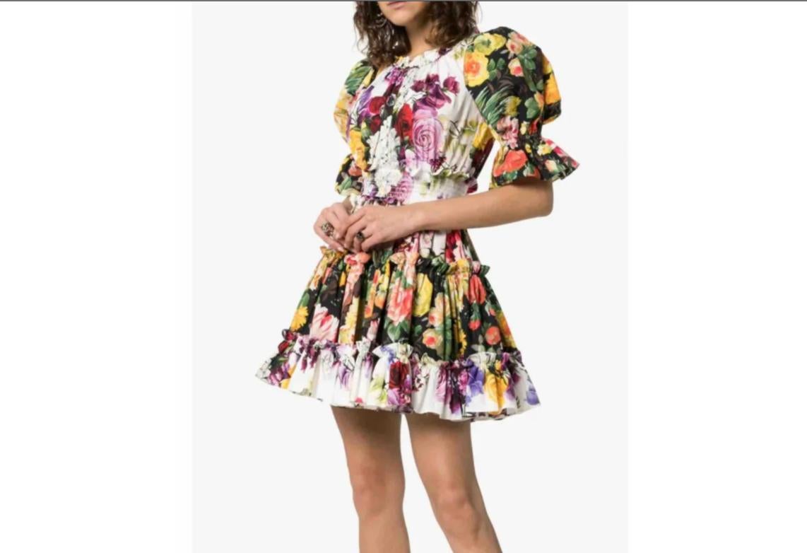 Dolce & Gabbana Blanco Multicolor Algodón Floral Mini Vestido Acampanado Popelín Flores en Nuevo Estado en WELWYN, GB