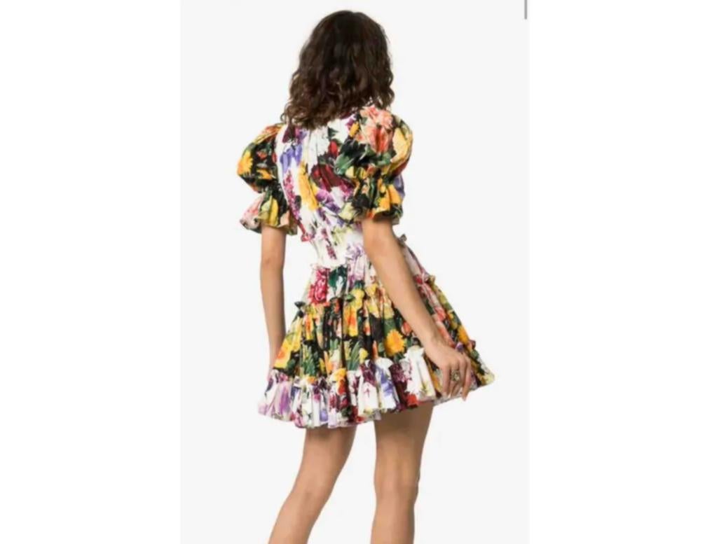 De las mujeres Dolce & Gabbana Blanco Multicolor Algodón Floral Mini Vestido Acampanado Popelín Flores