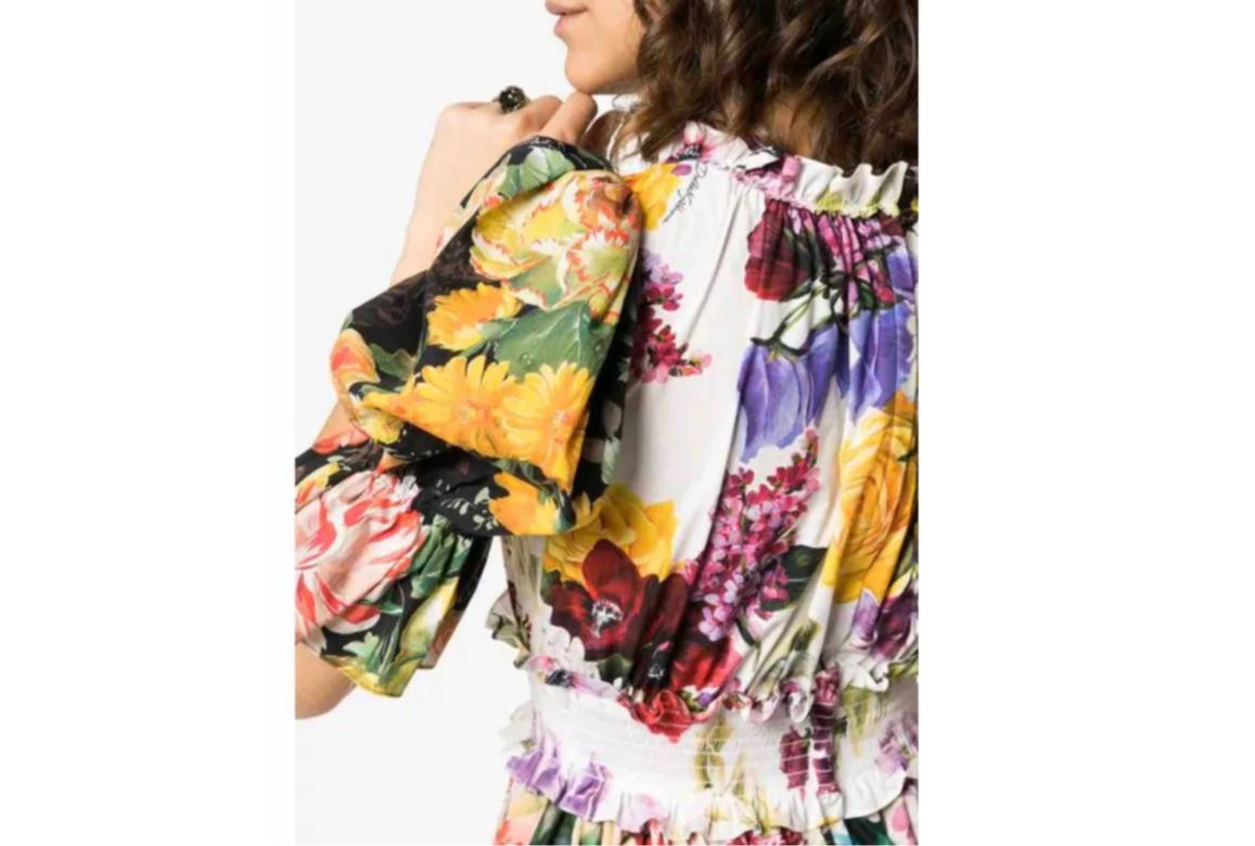 Dolce & Gabbana Blanco Multicolor Algodón Floral Mini Vestido Acampanado Popelín Flores 1