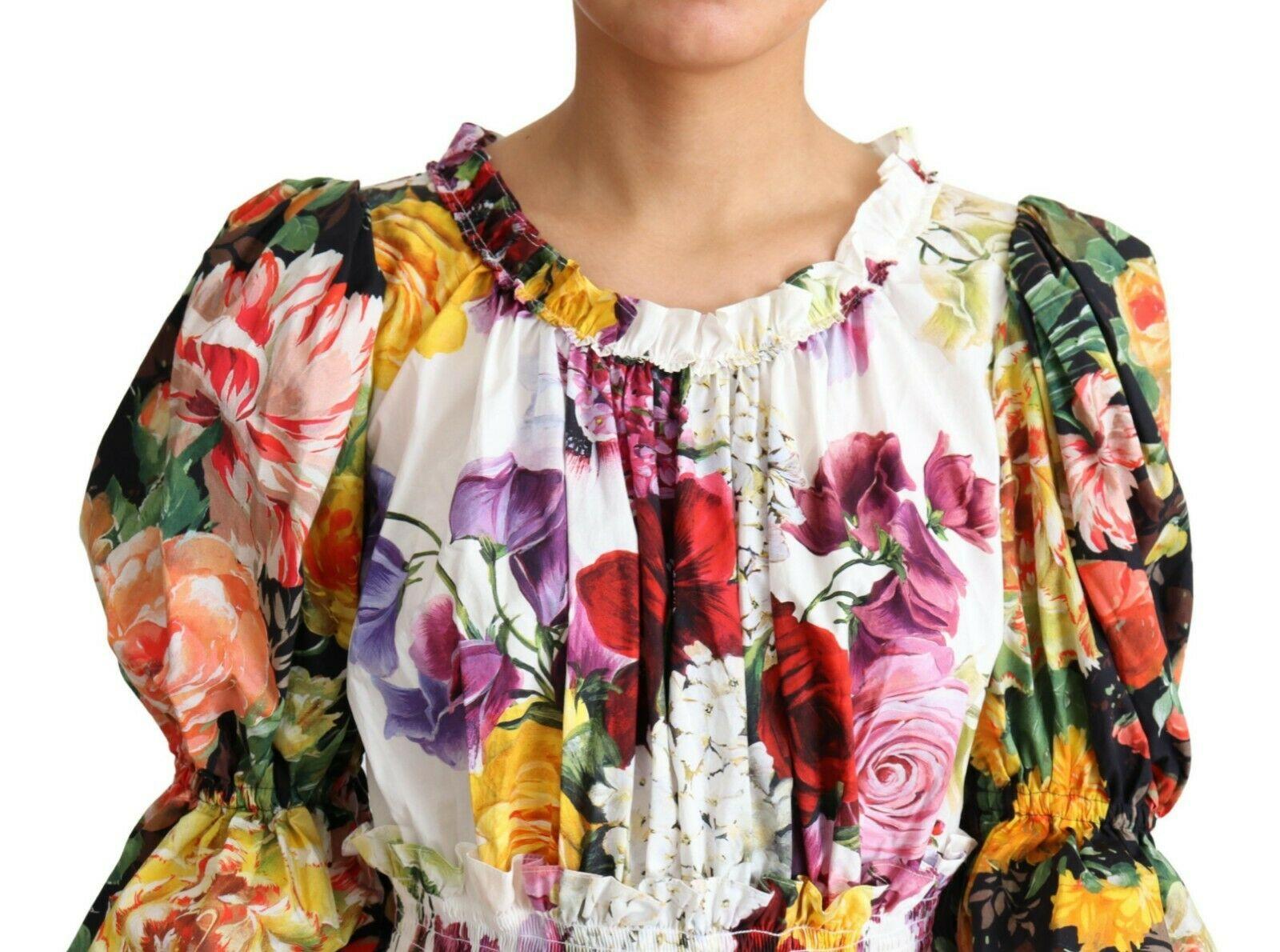 Dolce & Gabbana Blanco Multicolor Algodón Floral Mini Vestido Acampanado Popelín Flores 2