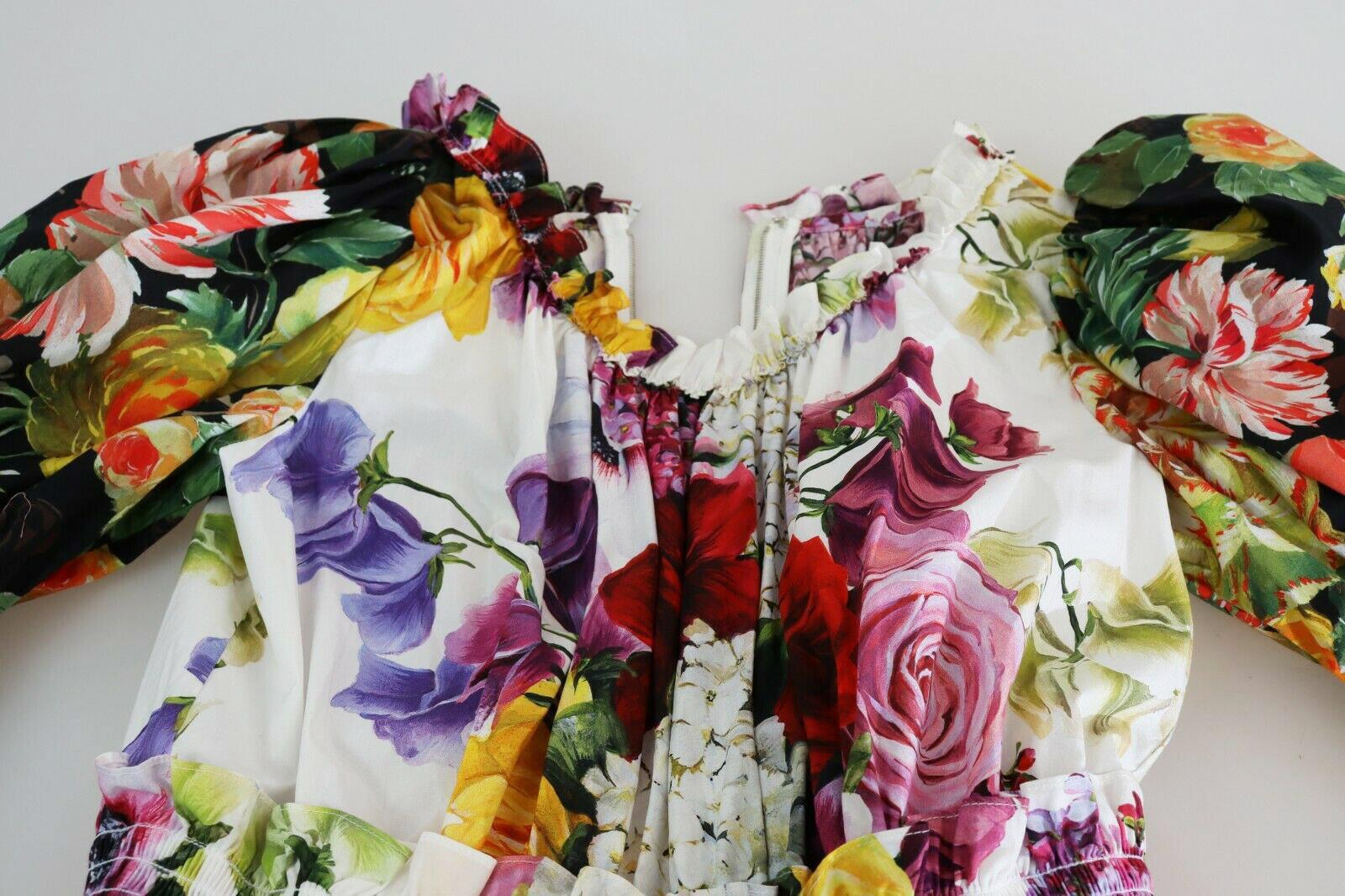 Dolce & Gabbana Blanco Multicolor Algodón Floral Mini Vestido Acampanado Popelín Flores 3