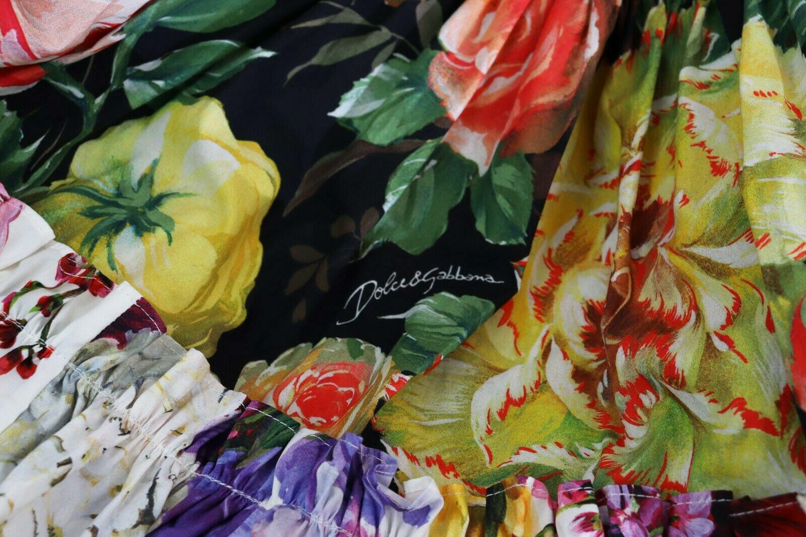 Dolce & Gabbana Blanco Multicolor Algodón Floral Mini Vestido Acampanado Popelín Flores 4