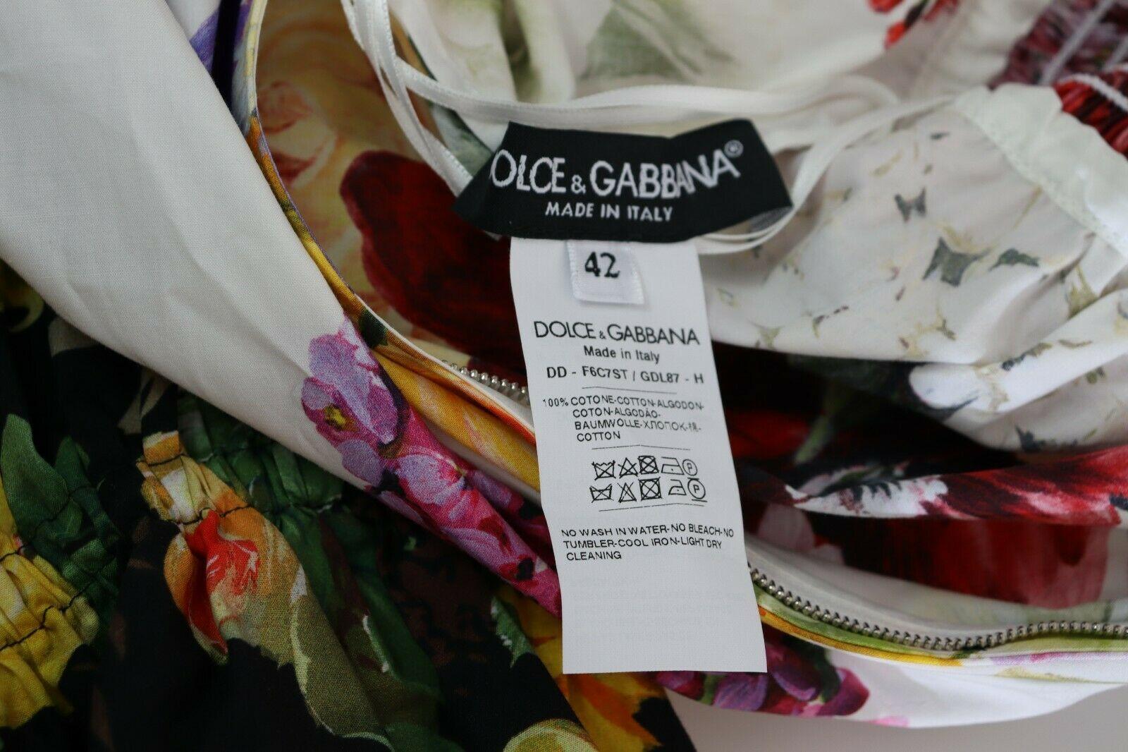 Dolce & Gabbana Blanco Multicolor Algodón Floral Mini Vestido Acampanado Popelín Flores 5