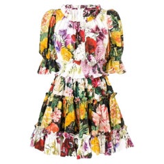 Dolce & Gabbana Weißes mehrfarbiges, geblümtes Baumwoll-Minikleid mit ausgestelltem Poplin-Blumenmuster