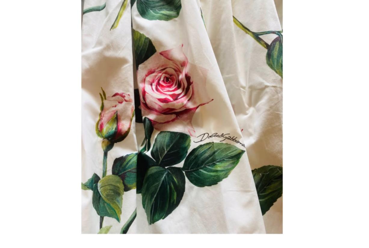 Women's Dolce & Gabbana White Multicolor Cotton Tropical Rose Flowers Skirt Mid-length