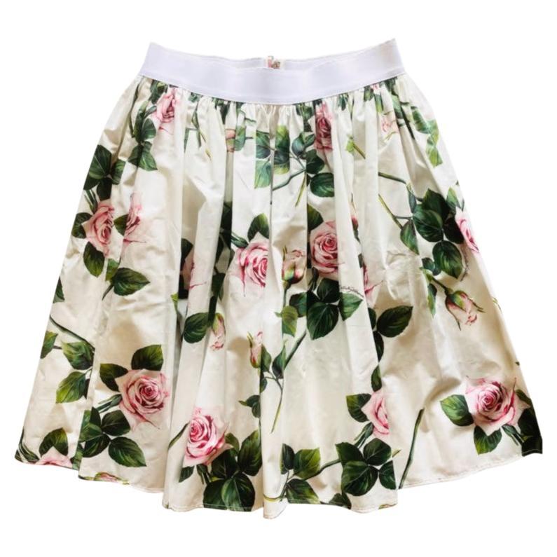 Dolce & Gabbana White Multicolor Cotton Tropical Rose Flowers Skirt Mid-length