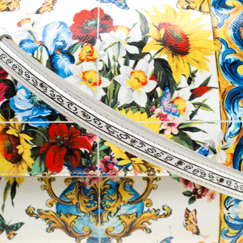 Dolce & Gabbana White/Multicolor Floral Print Leather Medium Miss Sicily Top Han 4