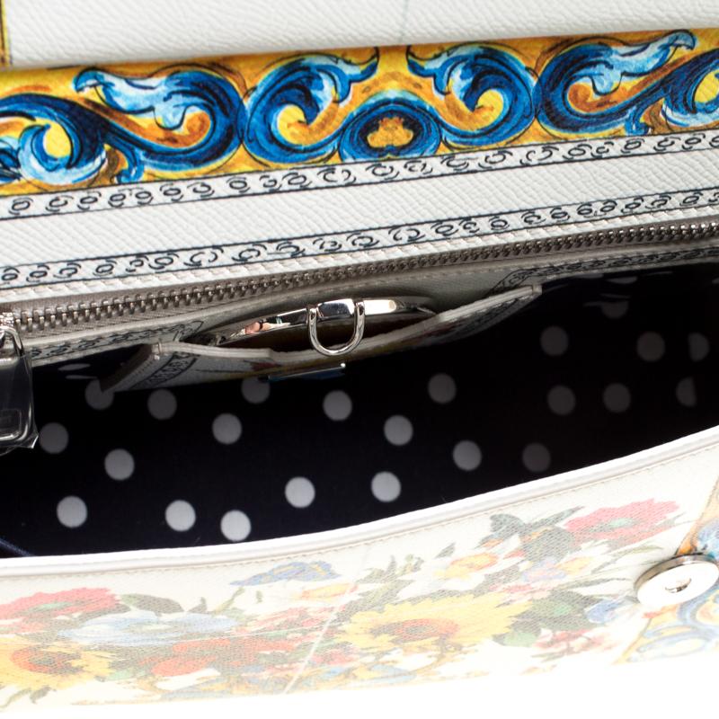 Dolce & Gabbana White/Multicolor Floral Print Leather Medium Miss Sicily Top Han In Excellent Condition In Dubai, Al Qouz 2