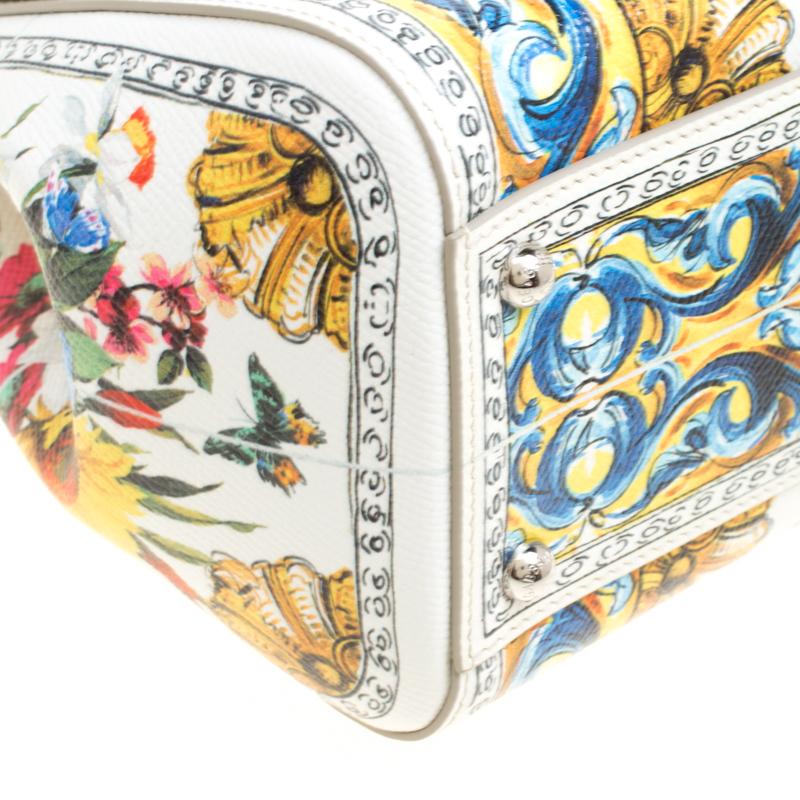 Dolce & Gabbana White/Multicolor Floral Print Leather Medium Miss Sicily Top Han 1