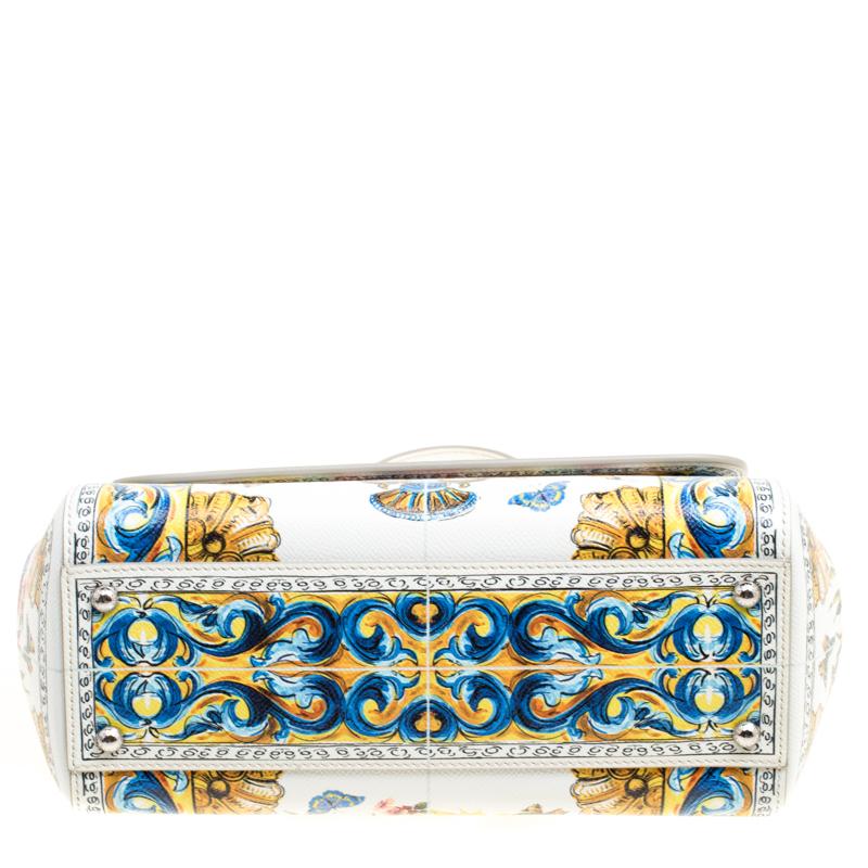 Dolce & Gabbana White/Multicolor Floral Print Leather Medium Miss Sicily Top Han 2