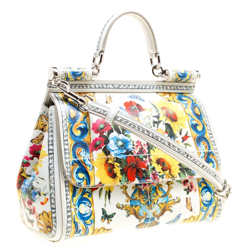 Dolce & Gabbana White/Multicolor Floral Print Leather Medium Miss Sicily Top Han 3