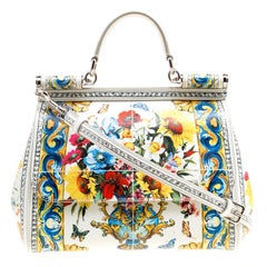 Dolce & Gabbana White/Multicolor Floral Print Leather Medium Miss Sicily Top Han