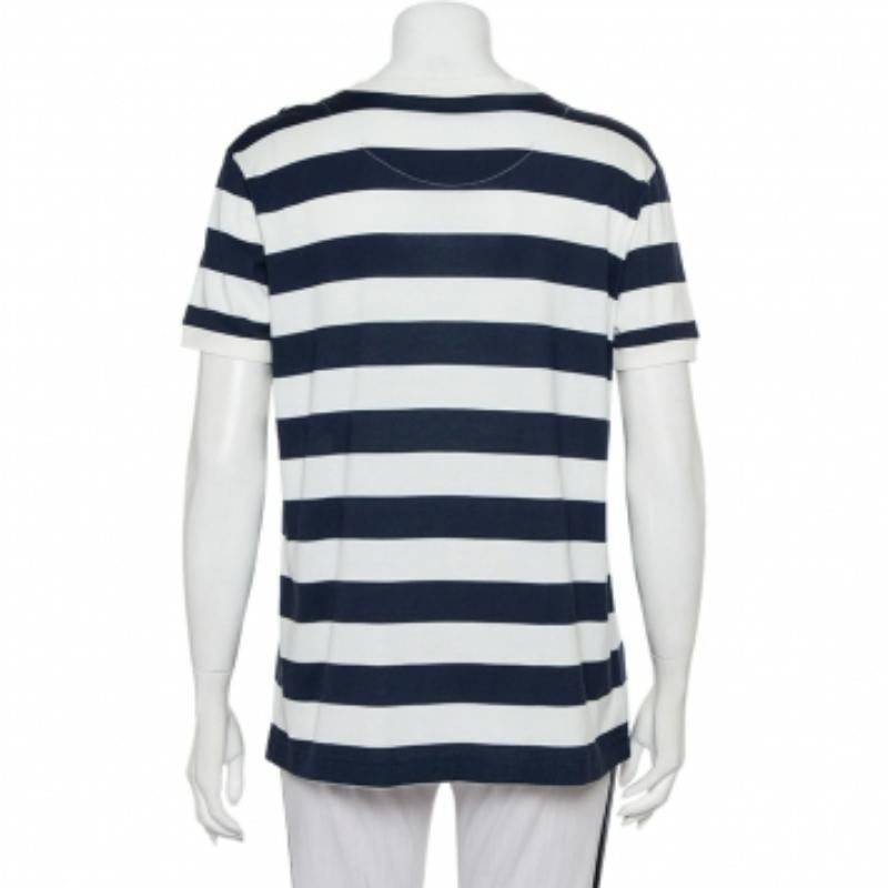 Gray Dolce & Gabbana White & Navy Blue Striped Cotton Patch Detail Crewneck T-Shirt M For Sale
