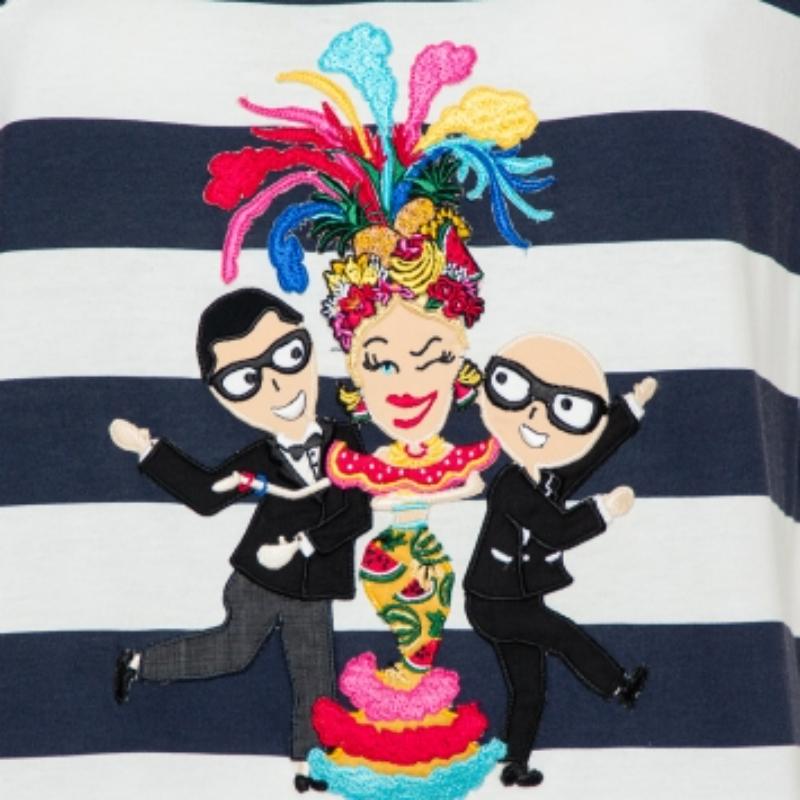Dolce & Gabbana White & Navy Blue Striped Cotton Patch Detail Crewneck T-Shirt M In Good Condition For Sale In Dubai, Al Qouz 2