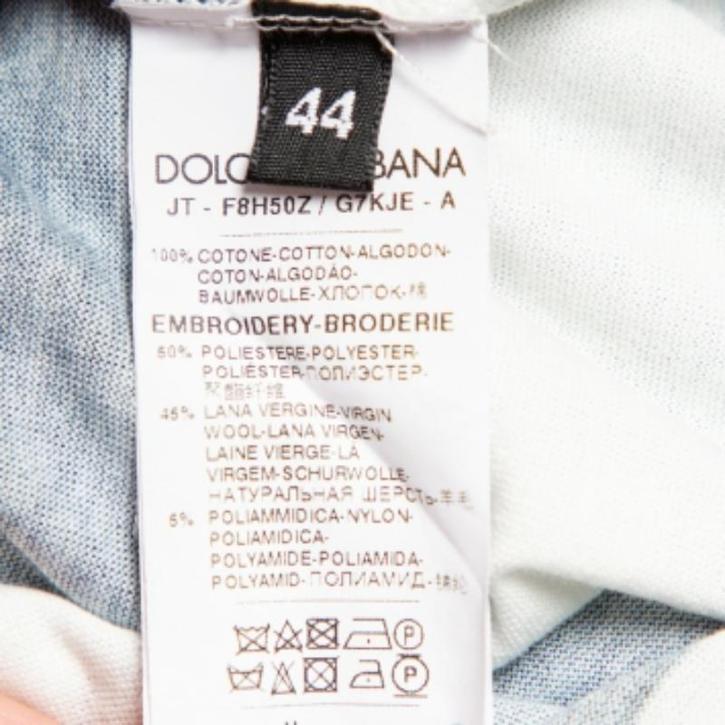 Women's Dolce & Gabbana White & Navy Blue Striped Cotton Patch Detail Crewneck T-Shirt M For Sale