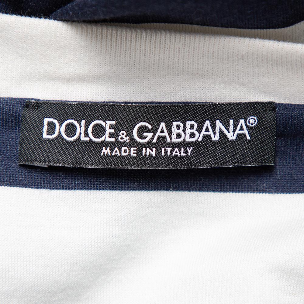 Gray Dolce & Gabbana White & Navy Blue Striped Cotton Patch Detail Crewneck T-Shirt M For Sale