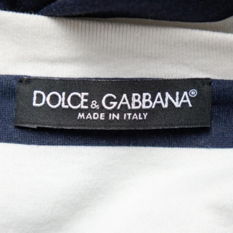 Dolce & Gabbana White & Navy Blue Striped Cotton Patch Detail Crewneck T-Shirt M For Sale 1