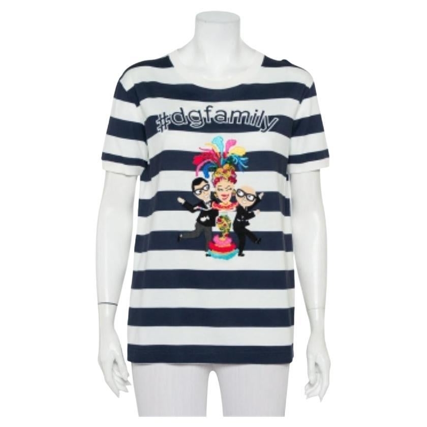 Dolce & Gabbana White & Navy Blue Striped Cotton Patch Detail Crewneck T-Shirt M For Sale