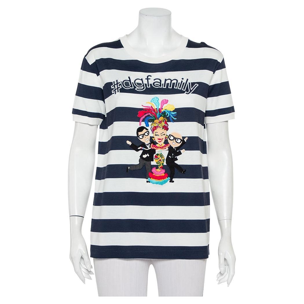 Dolce & Gabbana White & Navy Blue Striped Cotton Patch Detail Crewneck T-Shirt M