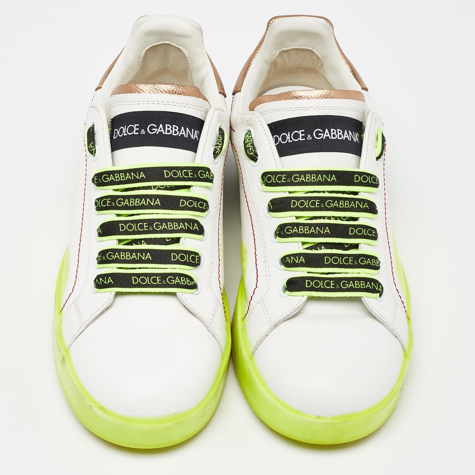 Green Dolce & Gabbana White/Neon Yellow Leather Portofino Sneakers Size 38