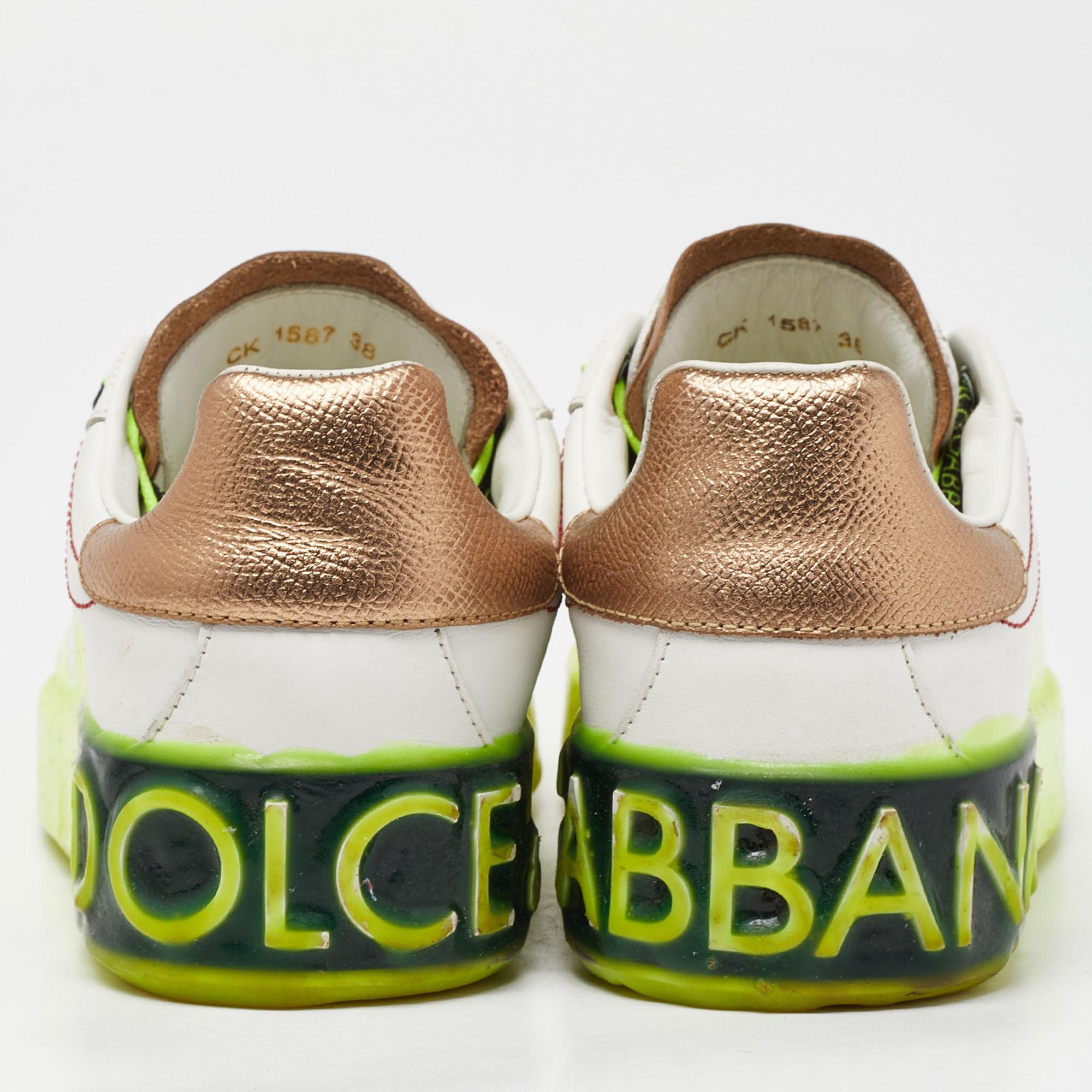 Women's Dolce & Gabbana White/Neon Yellow Leather Portofino Sneakers Size 38