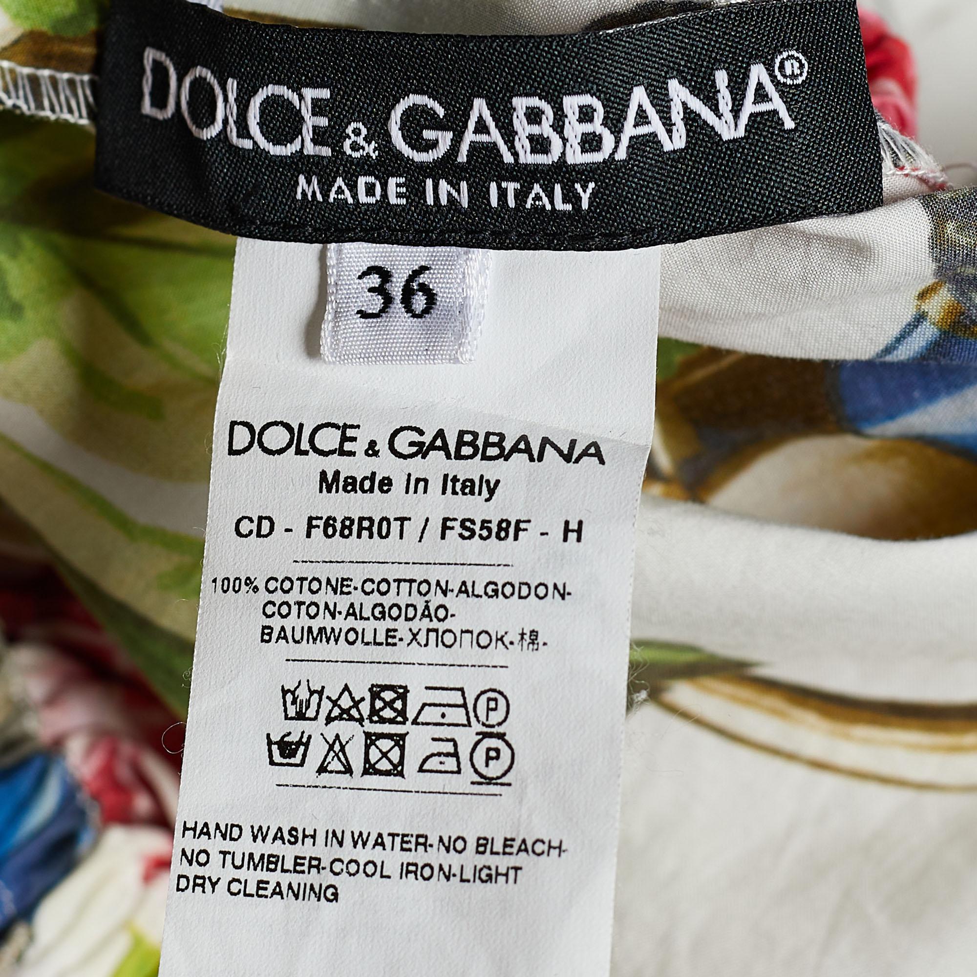 Women's Dolce & Gabbana White Padlock & Garden Print Cotton Ruched Midi Dress XS