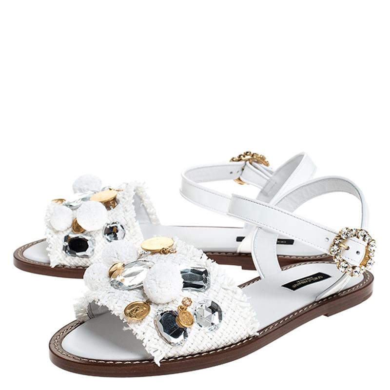 Women's Dolce & Gabbana White Patent Leather And Crystal Embellished Flat Sandal Size 37