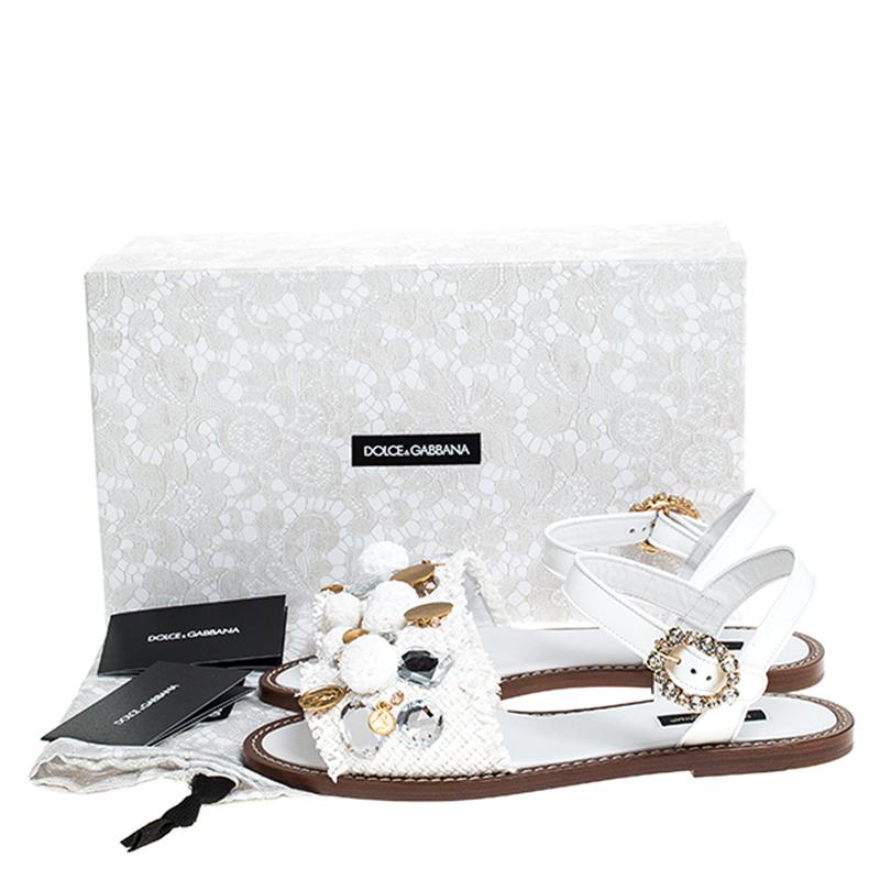 Dolce & Gabbana White Patent Leather And Crystal Embellished Flat Sandal Size 37 3
