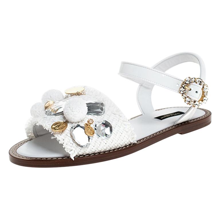 Dolce & Gabbana White Patent Leather And Crystal Embellished Flat Sandal Size 37