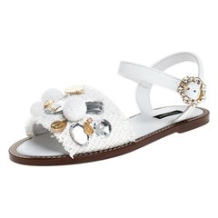 Dolce & Gabbana White Patent Leather And Crystal Embellished Flat Sandal Size 38