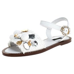 Dolce & Gabbana White Patent Leather & Crystal Embellished Flat Sandal Size 37.5