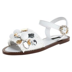 Dolce & Gabbana White Patent Leather Crystal Embellished Flat Sandal Size 38.5