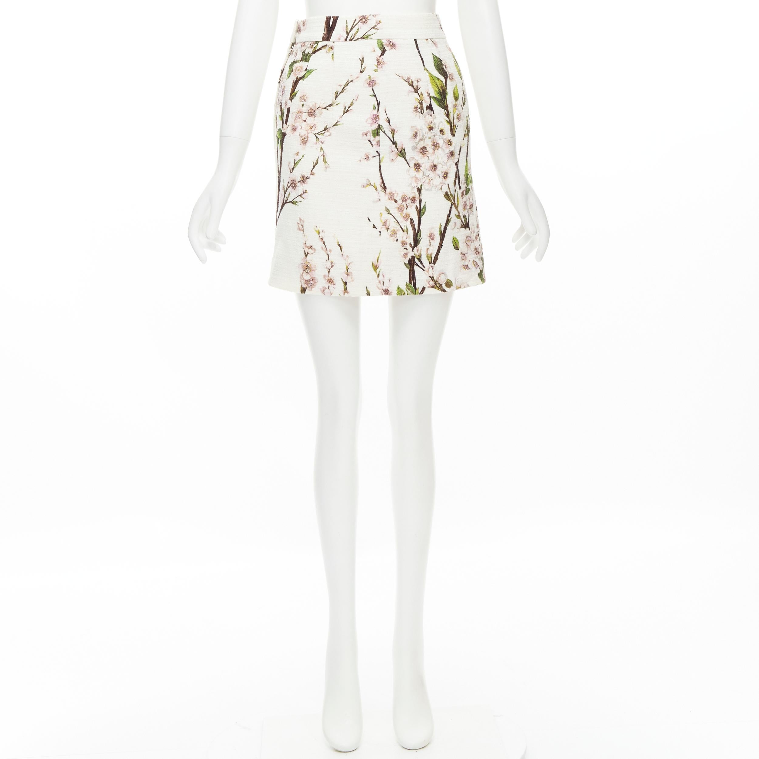 DOLCE GABBANA white pink blossom print tweed boucle mini skirt IT36 XS 4