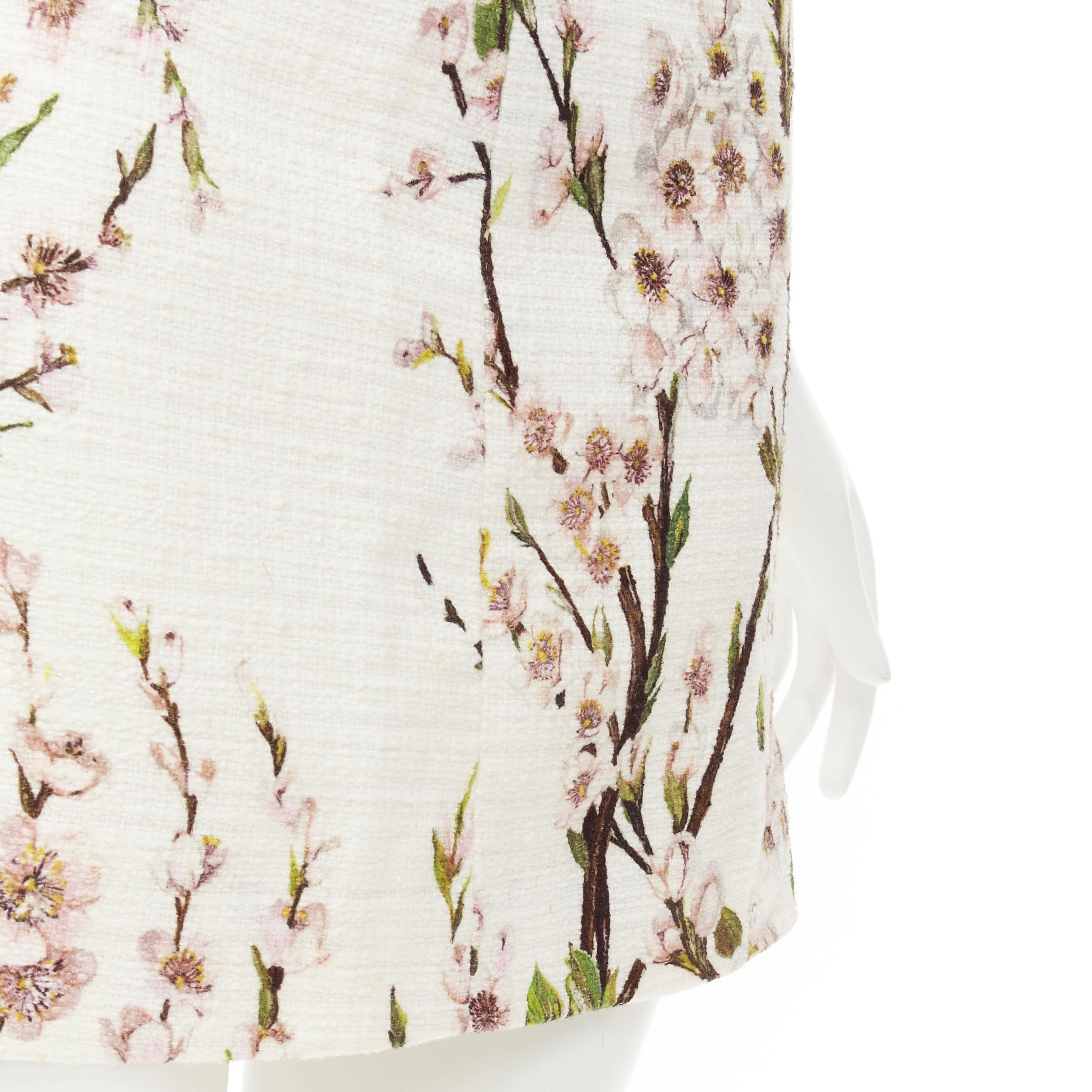 Beige DOLCE GABBANA white pink blossom print tweed boucle mini skirt IT36 XS