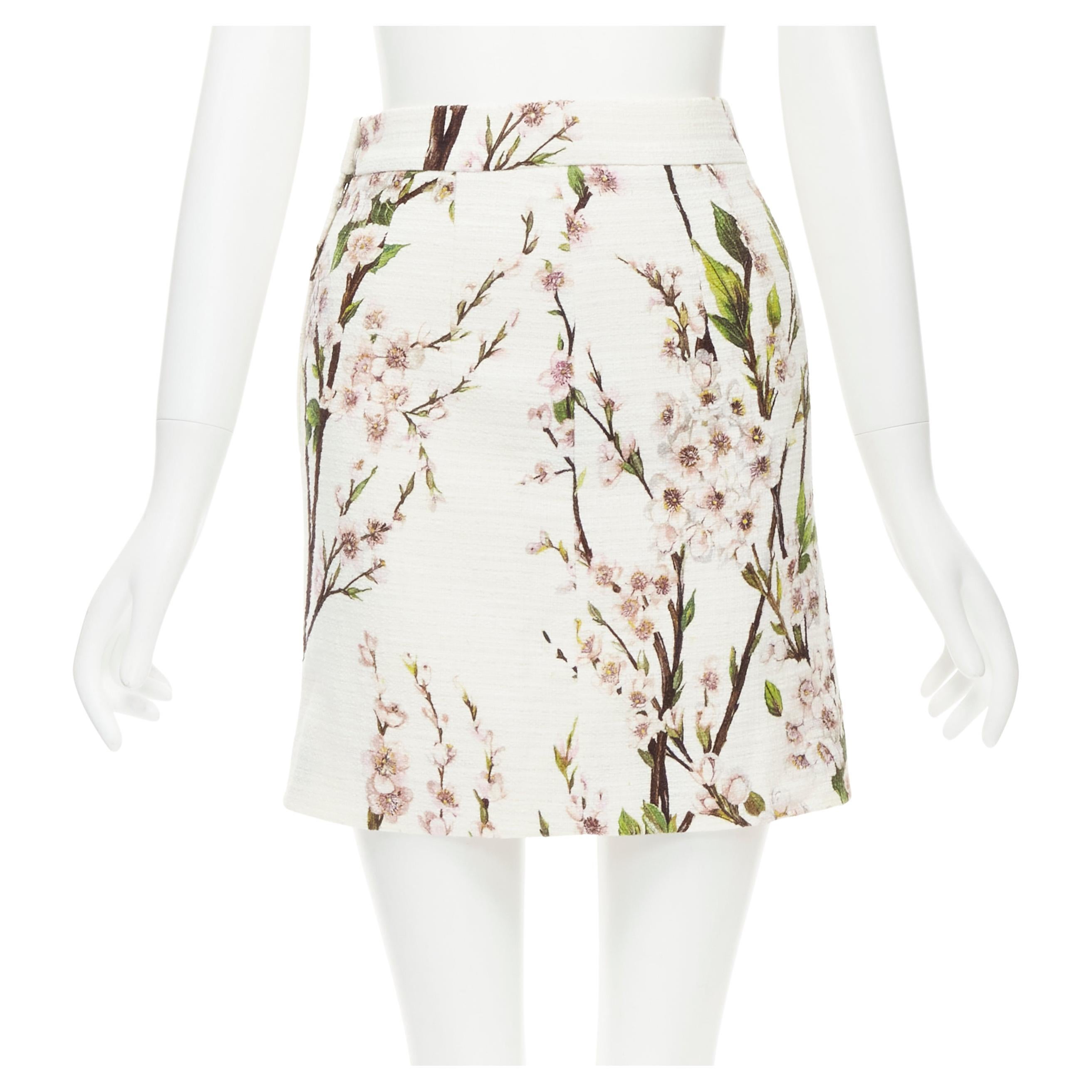DOLCE GABBANA white pink blossom print tweed boucle mini skirt IT36 XS