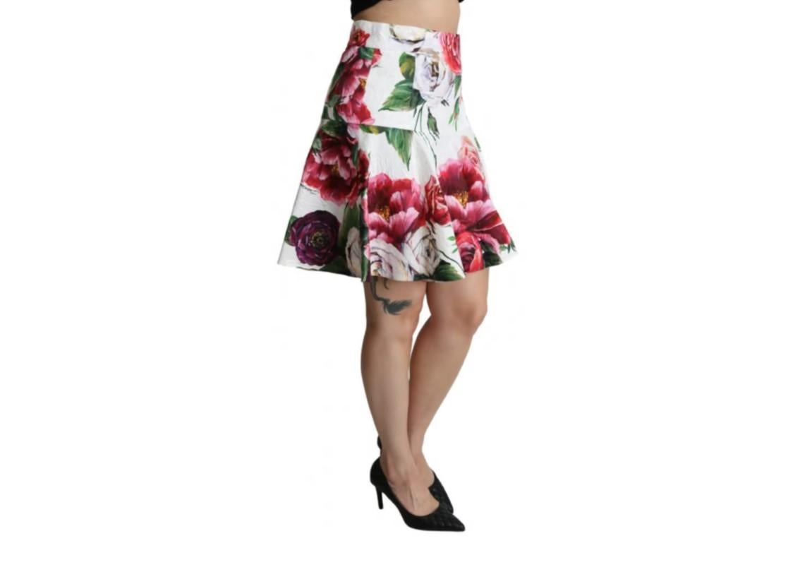 Beige Dolce & Gabbana White Pink Cotton Brocade Floral A-line High Waist Mini Skirt For Sale