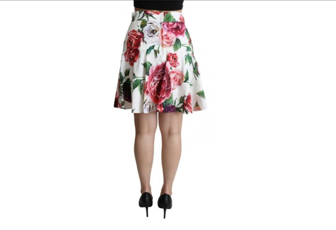 Dolce & Gabbana White Pink Cotton Brocade Floral A-line High Waist Mini Skirt In New Condition For Sale In WELWYN, GB