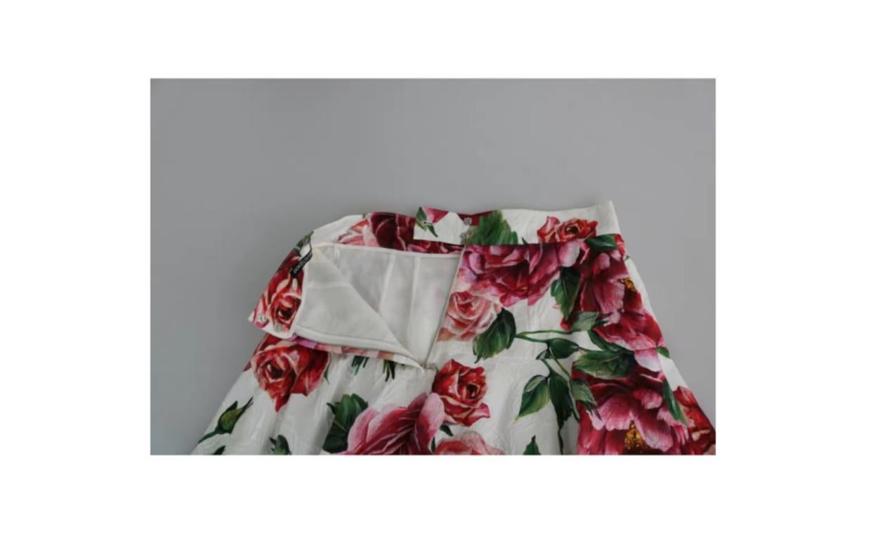 Dolce & Gabbana White Pink Cotton Brocade Floral A-line High Waist Mini Skirt For Sale 1