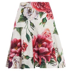 Dolce & Gabbana White Pink Cotton Brocade Floral A-line High Waist Mini Skirt