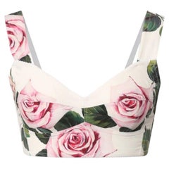 Dolce & Gabbana White Pink Cotton Tropical Rose Cropped Top Corset Bustier DG