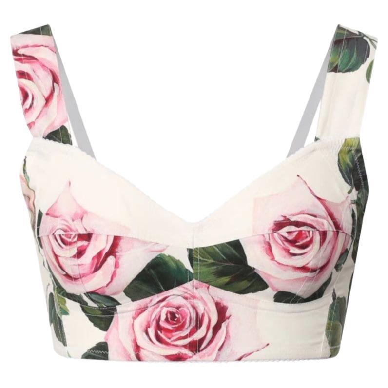 Dolce & Gabbana White Pink Cotton Tropical Rose Flowers Crop Top Corset DG